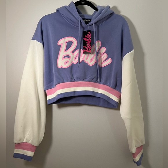 NWT Barbie Purple Crop Top Hoodie with Pink, White, Purple Stripe Cuffing - Picture 2 of 7